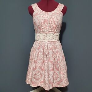 Red Camel Pink White Dress Fit Flare Lace Waist Pleated Bodice 100% Cotton Sz 5